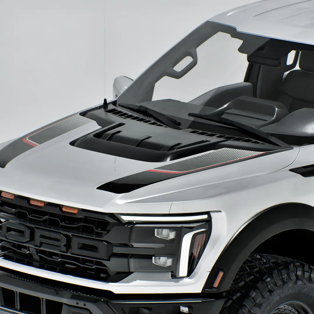 IMG2386 Ford Raptor Heritage Edition Racing Stripe Vinyl Hood Decals with satin black, red, and gradient print