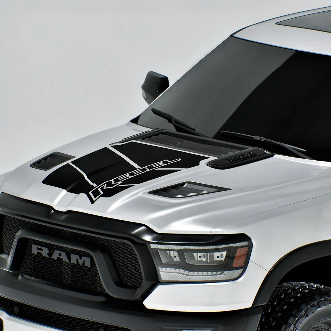 The Ram Rebel Blackout vinyl hood decal can deflect light and add style to your truck.