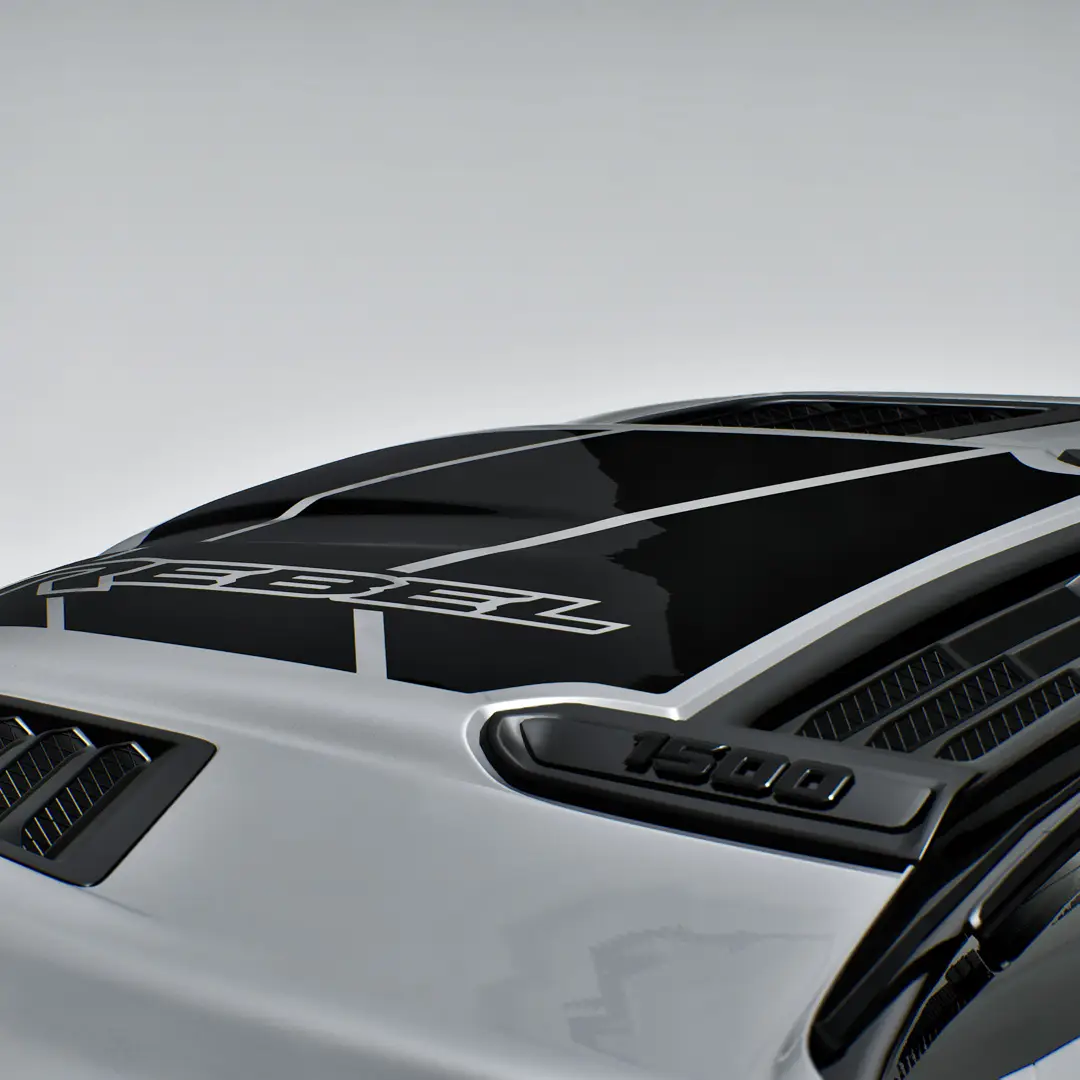 The Ram Rebel Blackout vinyl hood decal can deflect light and add style to your truck.